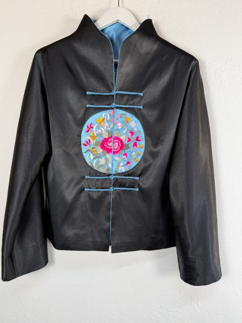 Grace Chuang New York Womens 100% Silk Embroidered Floral Jacket Medium Black